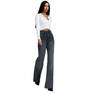 En gros Jeans écologiques à imprimé léopard taille haute pour femmes, style mode, coupe ample et droite, pantalon large - Product Image 1