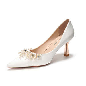 <b>White</b> Satin Pointed Toe <b>Heels</b> With Pearl Bead Decoration High <b>Heel</b> Wedding Party <b>Shoes</b> For Women Elegant Style 7999-1 - Product Image 5