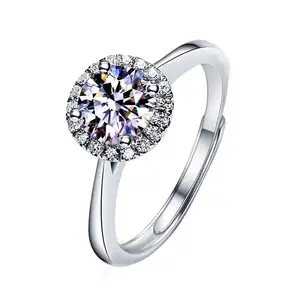 925纯银可调戒指1.0Ct彩色闪光石含沙石钻石订婚光环女性戒指