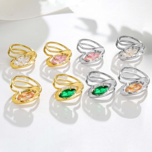 Bague en acier inoxydable plaqué or 18 carats avec double barre géométrique creuse et pierres multicolores – Design audacieux et accrocheur pour les fêtes et le quotidien - Product Image 1