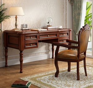Set per Studio Domestico Scrivania in Legno Massello di Mogano con Sedia Libreria in Stile Americano Mobili Classici Tavolo da Studio e Ufficio - Product Image 1