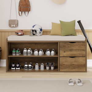 Banco Funcional para Almacenamiento de Zapatos con Asiento Acolchado, Organizador para Entrada/Alacena, Armario Lateral con <span class=keywords><strong>Cajones</strong></span> Extraíbles, Estante Abierto, Acabado con Aspecto de Madera - Product Image 3