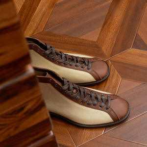 Bottes de boxe classiques montantes rétro à blocs de couleur, à bout rond, à lacets, pour hommes, en cuir de vachette patchwork, bottes de travail - Product Image 4