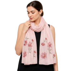 Pink <b>Floral</b> Embroidered Cotton <b>Scarf</b> Lightweight Breathable Soft Shawl for Women Spring Daily Wear - Product Image 2
