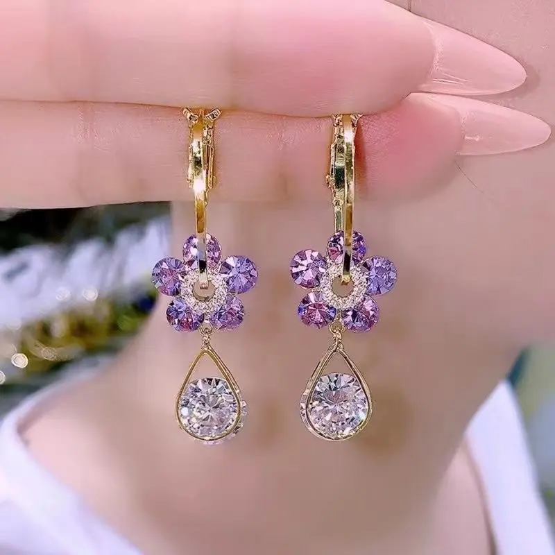 Anting-anting bunga kristal mewah baru untuk wanita zirkon anting-anting menjuntai aksesoris hadiah Hari Valentine untuk wanita Pendientes Mujer