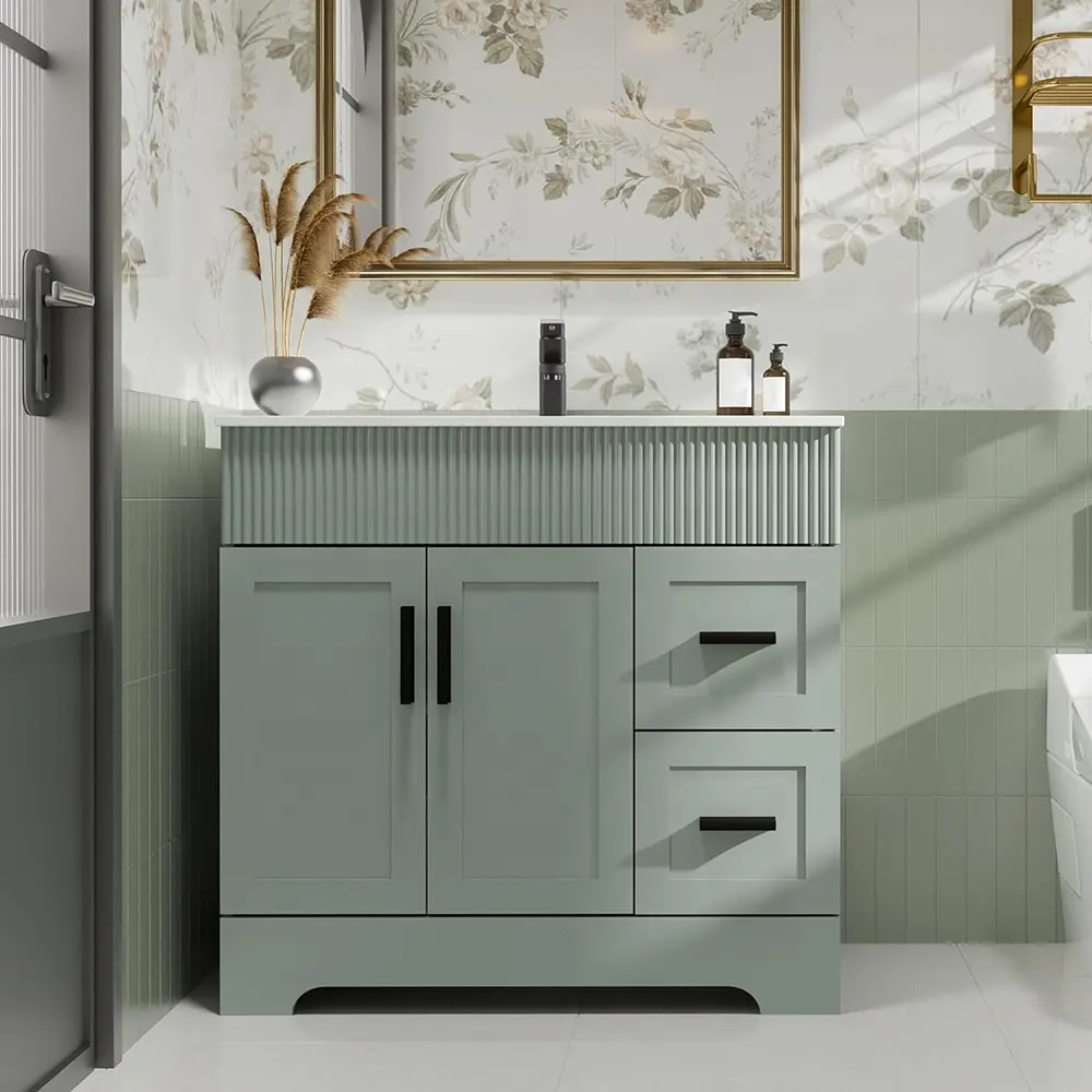 Juego combinado de tocador de baño verde de 36 ", gabinete de baño moderno de líneas onduladas, gabinetes de baño de estilo moderno a la venta