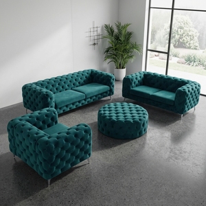 Ensemble de canapé en velours tufté bleu sarcelle avec ottoman, style moderne minimaliste, décoration de style béton pour un <span class=keywords><strong>salon</strong></span> spacieux - Product Image 3