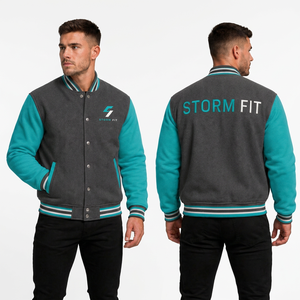 Chaqueta Varsity Unisex Gris Teal, Corte Regular, Cuello Alto, Estilo Casual, Ropa de Invierno, Lana y Cuero, Transpirable, Resistente al Viento, Estilo Urbano - Product Image 1
