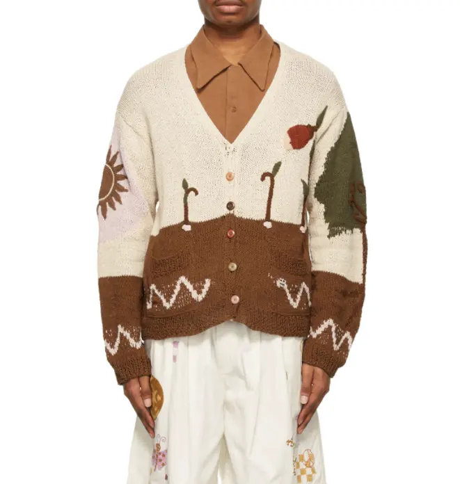 FYB Luxury manufacture Long sleeves jacquard knit sun flower pattern Embroidery Men Cardigan sweater