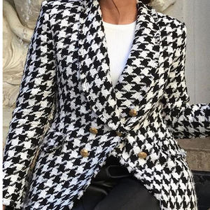 Women Double-breasted Shawl Collar Button Houndstooth Blazer Blouse Long Sleeves <strong>Straight</strong> Hem Coat <strong>Jacket</strong> Nightwear Top Shirt - Product Image 4