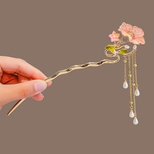Épingle à cheveux en métal ornée de fleurs en strass et de pompons de perles pour femmes chinoises, accessoire de coiffure de mariée, fourche à cheveux, outil de coiffage de mariage - Product Image 4