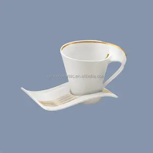 90ml Luxury Modern Unique Design White Wave Shape Fine Porcelain Espresso Tea Coffee Cup And Saucer With Gold Rimmed