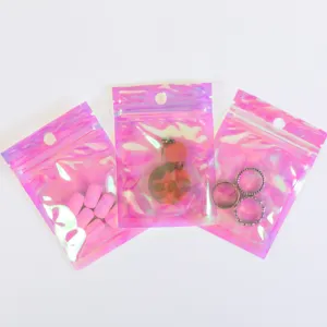 Custom Rainbow Holographic ZipLock Packaging Pink Hologram Plastic Pouches Mylar Laser Bags For Jewelry