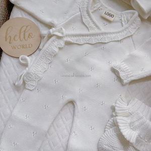 Low MOQ Custom Long Legs Wrap Style Lace Hem Romper <strong>Newborn</strong> Spring Sweaters <strong>Outfit</strong> Baby Girl Precious Soft Cotton Bodysuit - Product Image 1