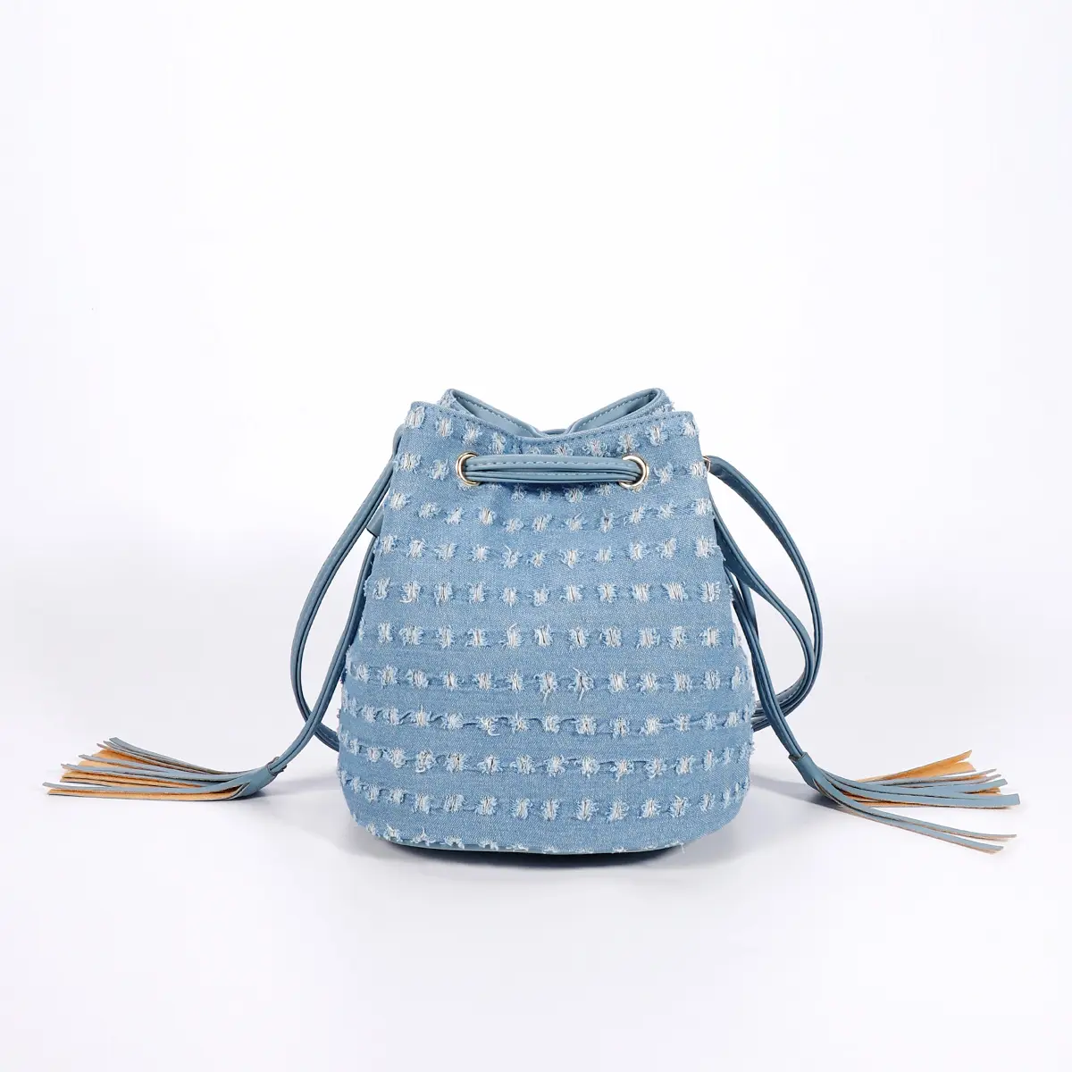 Popular high quality rhomboid dot drawstring tassels denim mini-bucket bag shoulder bag messenger bag