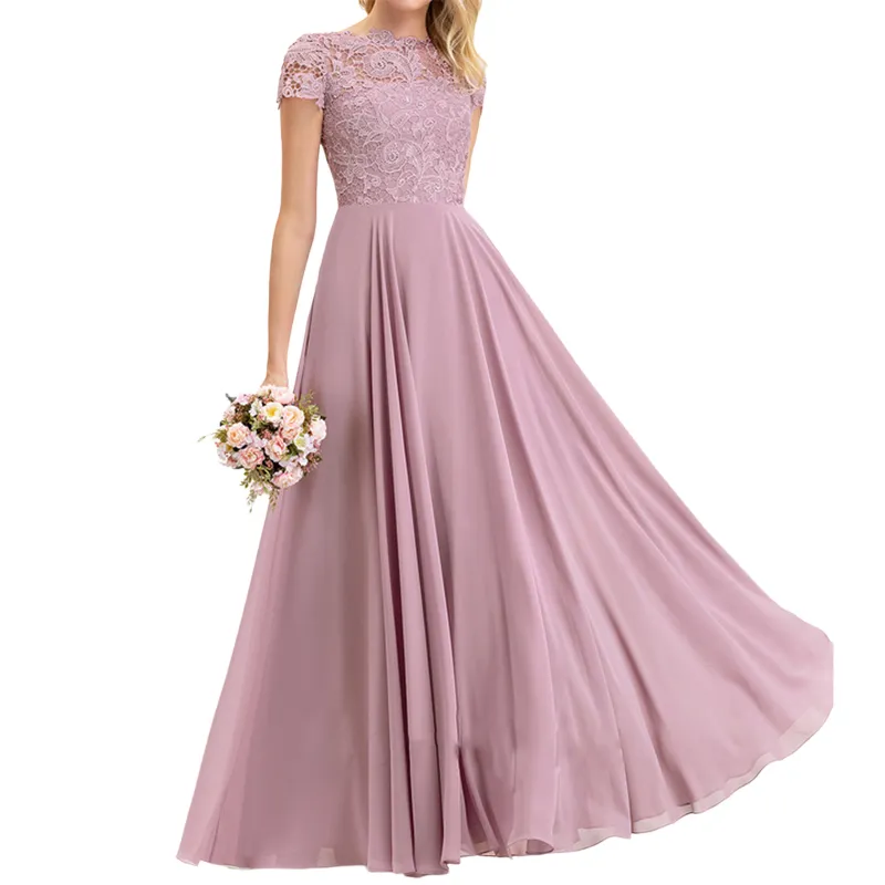 Prom Fashion Boat Neck Short Sleeves Lace High Waist Flare Plain Chiffon Gown Maxi Long Evening Dress For Women Wedding