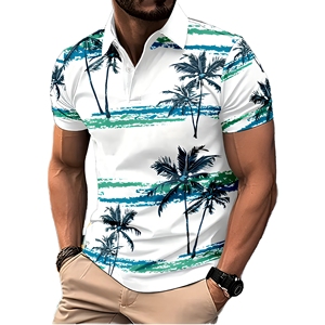 Polo pour homme à imprimé palmiers tropicaux, manches courtes, décontracté, respirant, en polyester tissé, motif blanc, bleu, vert, style été - Product Image 1
