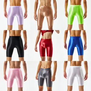 Channel 9 Colors High Waist Nylon Spandex Oil Shiny Glossy Workout Compression Biker Shorts For Men