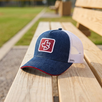 Gorra Trucker de Malla Azul y Blanca Ajustable de 5 Paneles con Parche Bordado y Visera Curva para Uso Casual al Aire Libre