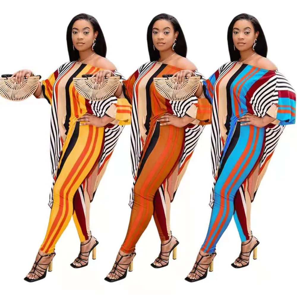 J & H moda geleneksel afrika kıyafeti iki parçalı Set kadın şerit Ankara Bodycon elbise kapalı omuz dar pantolon