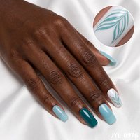 Faux ongles à presser bleu sarcelle, longs, carrés, motif feuille, blancs, étiquette privée, vente en gros