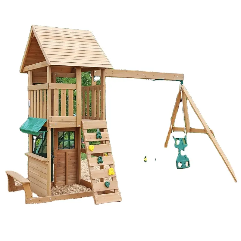 Pequeña casa de madera para exteriores, parque de atracciones temático Simple, equipo de escalada de seguridad, toboganes de Parque Infantil de buena venta