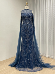 MY30195 Abito da Cerimonia Blu Formale a Maniche Lunghe con Collo Alto Stile Sirena Elegante Abito da Sera con Perline per <span class=keywords><strong>Madre</strong></span> della Sposa - Product Image 4