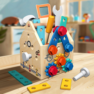 CE EN71 Kit d'outils d'établi en <span class=keywords><strong>bois</strong></span> DIY pour enfants, boîte à outils éducative pour l'apprentissage et le jeu, jouets de réparation pour véhicules pour enfants - Product Image 1
