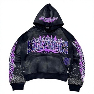 Sweat à capuche homme en molleton de coton 400 GSM, style streetwear, avec strass graffiti, personnalisé, épais, effet vieilli, impression en relief, OEM - Product Image 1