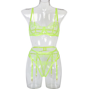 Conjunto de Lencería de 3 Piezas con Malla Transparente y Bordado Floral, con Ligueros, Nueva Colección en Oferta - Product Image 5