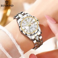 BINBOND 2521 Jam Tangan Wanita Mewah Quartz dengan Tanggal Lengkap Jam Elegan untuk Wanita Tali Baja Tahan Karat Jam Tangan Fashion Bercahaya