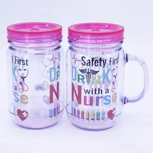 Safety minuman pertama dengan perawat dinding ganda plastik gelas Mason Jar mug untuk minuman panas dan dingin 500ml