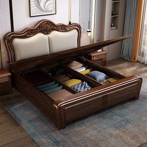 Lit de rangement de style français 1,8 m en bois d'acajou, meuble de chambre à coucher avec coffre haut pour adultes et personnes âgées - Product Image 5