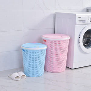 Round Plastic Laundry Basket With Lid Wicker Style Dustproof Clothing Organizer Storage Bin - Product Image 5