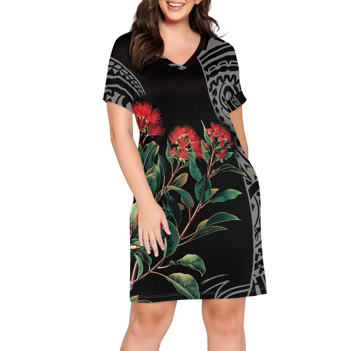 Pohutukawa Flowers Designs Dresses Wholesale Breathable And Comfortable Women Dresses V-Neck Short-Sleeved Quick-Drying Garment