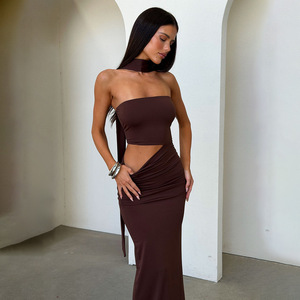 Vestido de cóctel sin tirantes con aberturas, cintura natural, corte ajustado, con cintas fluidas, estilo casual urbano - Product Image 1