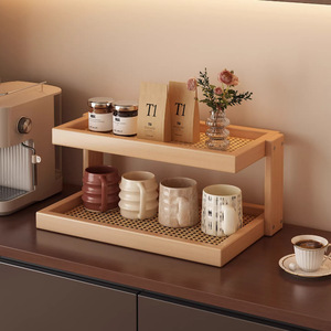 Double Tier Wooden Cup Storage <b>Rack</b> For <b>Kitchen</b> Tableware Organizer With Mesh Tray Standing Type Multifunctional - Product Image 1
