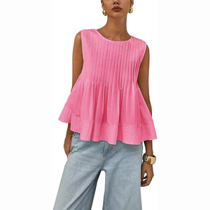 Hochwertige Sommer-Damenbluse mit Schmalpassform, Ärmellos, O-Ausschnitt, Einfach Plissiert, Gewebtes Einfarbiges Polyester-Oberteil - Product Image 5