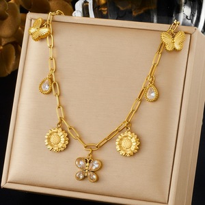 Gold Plated Butterfly Sunflower Rhinestone Pendant Stainless Steel Chain Necklace For Party Daily Wear - Product Image 1