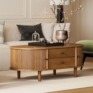 Ajunion giữa thế kỷ hiện đại hình bầu dục rắn Bàn cà phê gỗ trượt bên cửa 2 tầng ngăn kéo phòng khách Bàn cà phê - Product Image 1