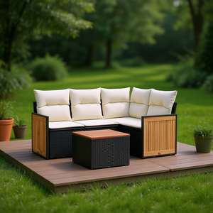 Conjunto de sofá de jardín color crema, blanco y negro, 4 plazas, muebles de ratán para exteriores, diseño contemporáneo, panel de madera de teca - Product Image 2