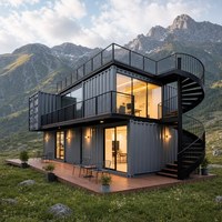 Maison en structure acier portable avec intérieur lumineux, fenêtres en verre et terrasse