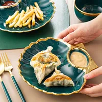 Assiette à raviolis en forme de coquille, bord doré, plat à sauce en céramique, compartiment, 220 mm, vaisselle de restaurant