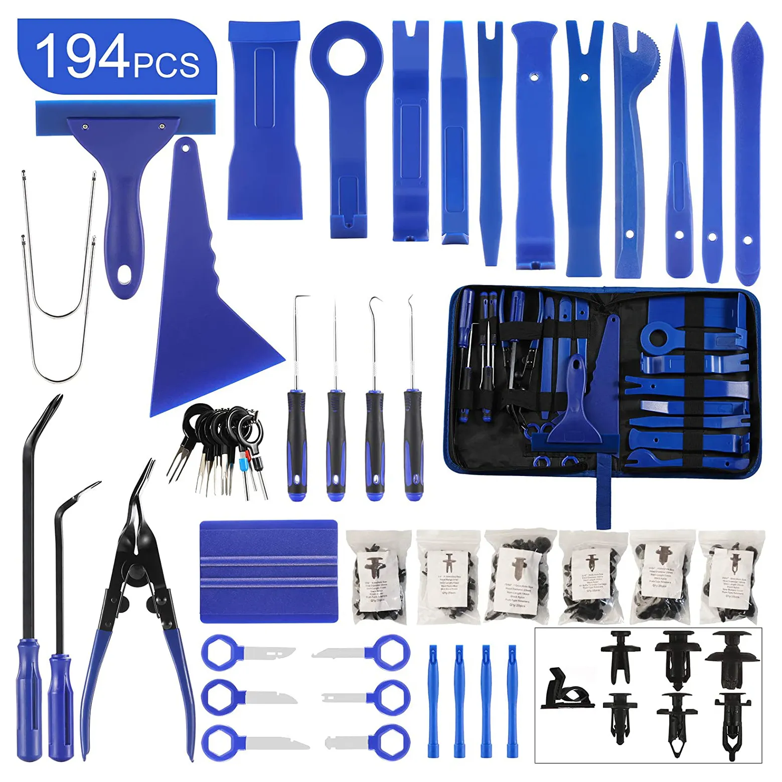 194Pcs Auto Trim Removal Kit Car Upholstery Removal Clip Pliers Fastener Remover Pry Tool Set for Door Panel Audio Dash Window