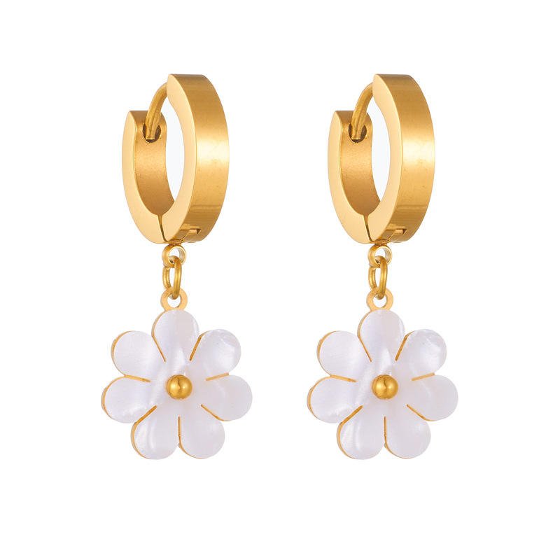 Golden chrysanthemum white shell stud earrings a803