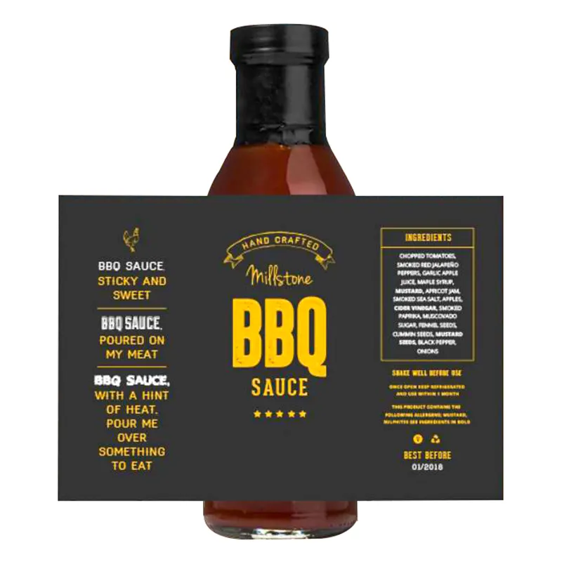 Etiqueta de botella de salsa para barbacoa de vidrio autoadhesiva personalizada, Impresión de botella impermeable, etiqueta de comida para barbacoa, productos de cocina