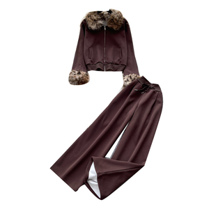 Conjunto <span class=keywords><strong>de</strong></span> chándal informal <span class=keywords><strong>de</strong></span> 2 piezas para mujer: Chaqueta corta con cremallera y ribete <span class=keywords><strong>de</strong></span> piel sintética para <span class=keywords><strong>invierno</strong></span> y pantalones anchos con cordón y forro polar - Product Image 5
