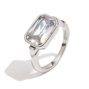 Stainless Steel Rectangle Zircon Bezel <b>Ring</b> Trendy Geometric <b>Statement</b> Finger <b>Ring</b> For Women Daily Stackable Party Jewelry - Product Image 2