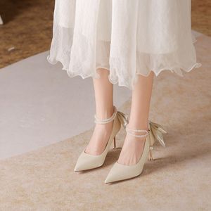6683-1 Escarpins à bout pointu et talon aiguille avec bride cheville et nœud décoratif, chaussures de mariée à talon haut, doublure satinée, blanc - Product Image 4