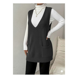 Gilet en tricot sans manches pour femme avec poches, beige, taille S M XL, longueur 85 cm - Product Image 5